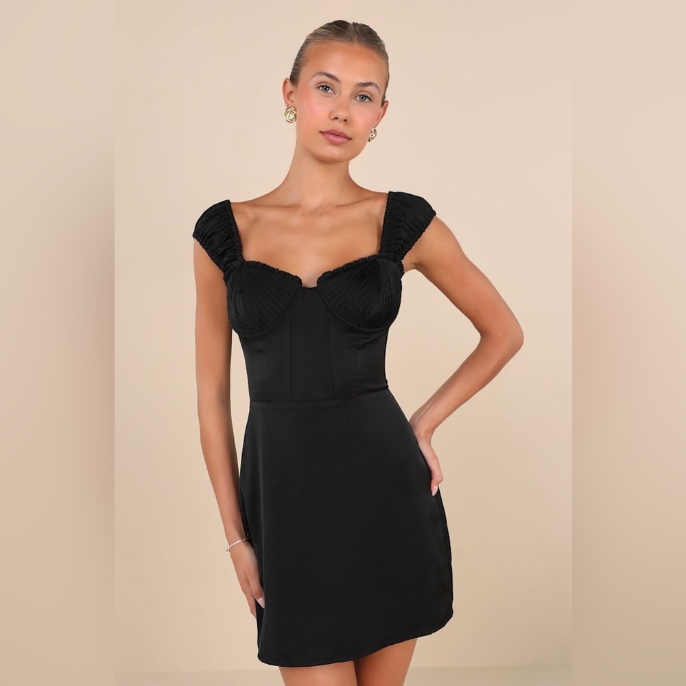 Lulus Perfected Aesthetic Black Satin‎ Ruffled Bustier Mini Dress Size S